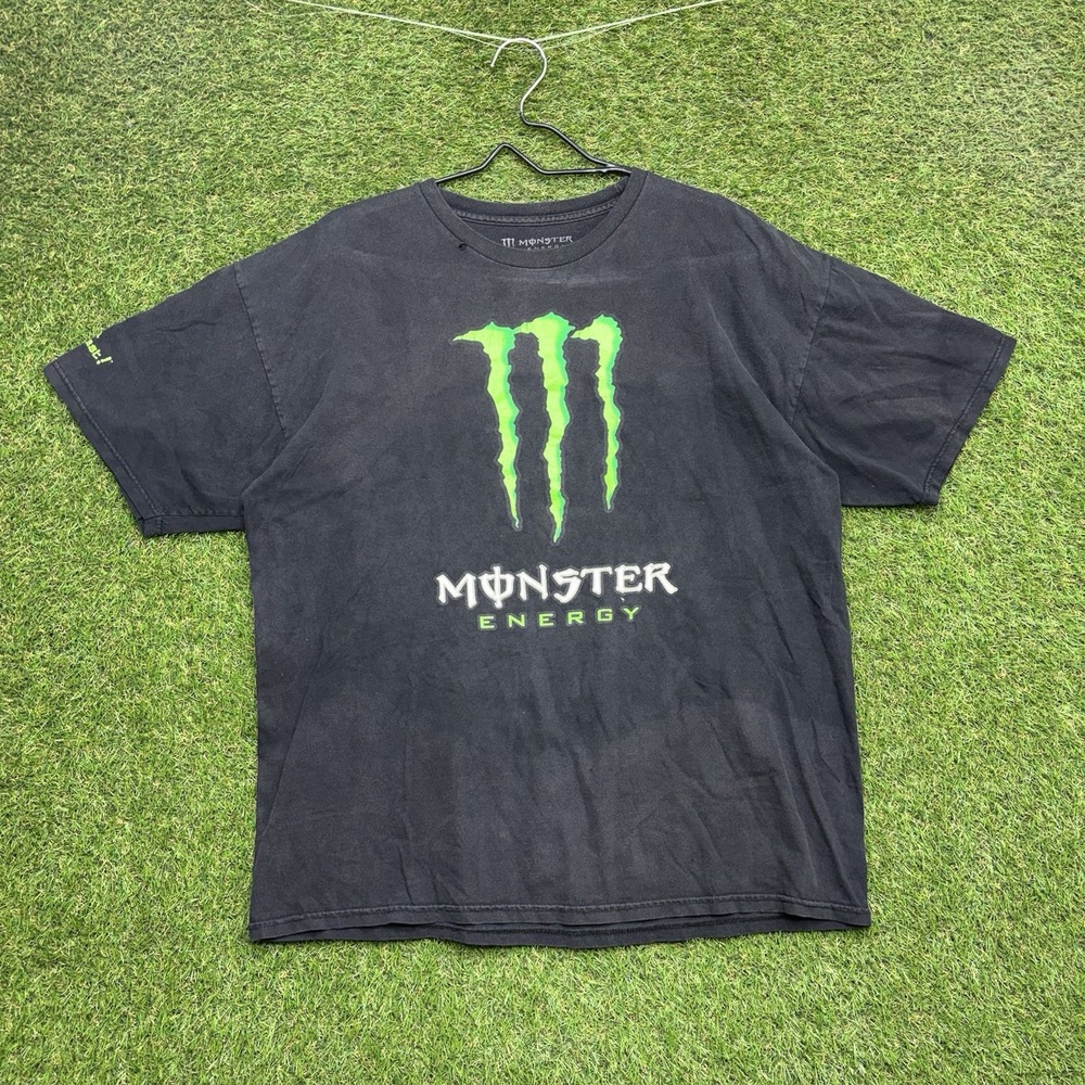 Monster Energy Graphic Shirt Mens XL Black Green Boxy Faded Distressed y2k